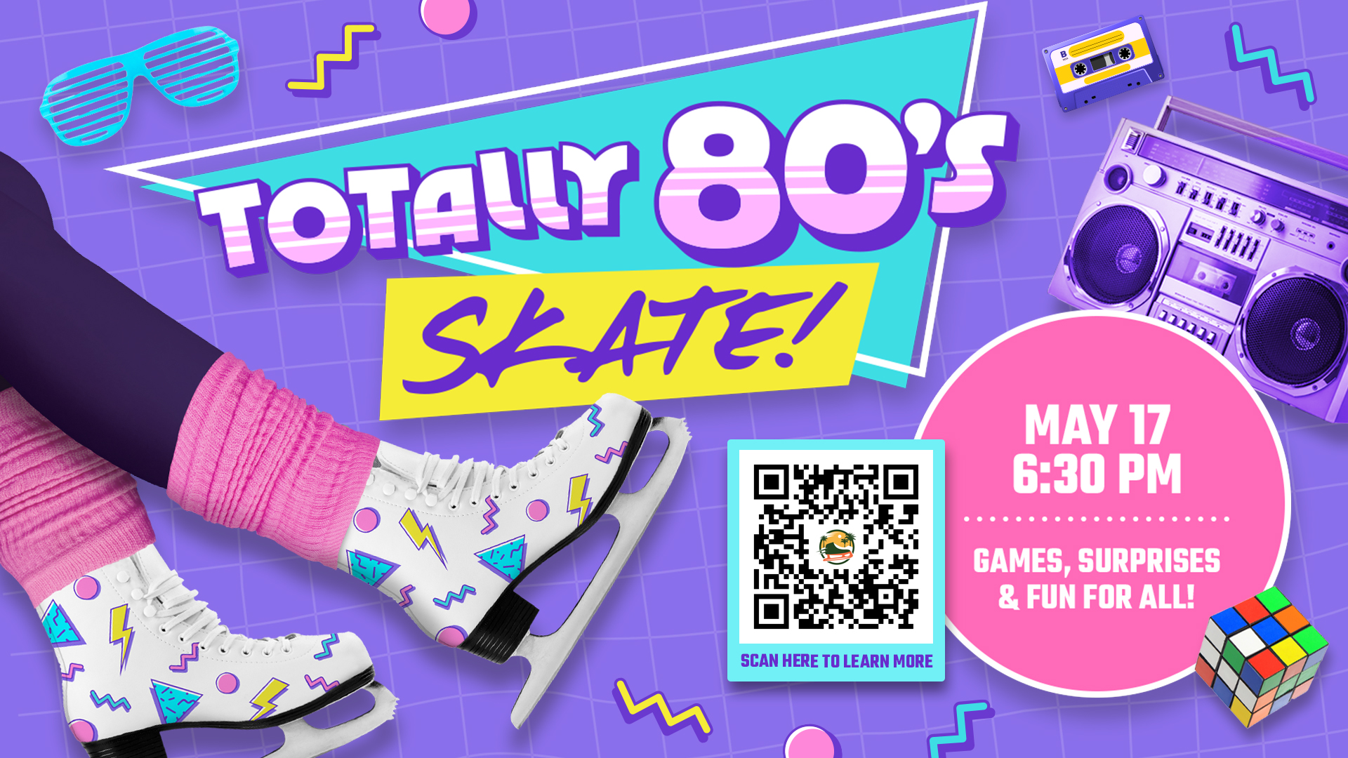 Come skate back to the Totally 80’s with awesome tunes and tubular games.
